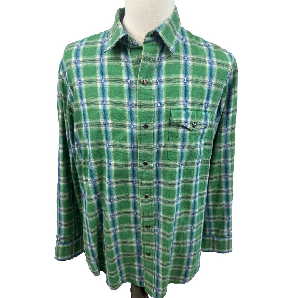 Orvis Mens Green Plaid Pearl Snap Flannel Button Down Shirt Large Vintage